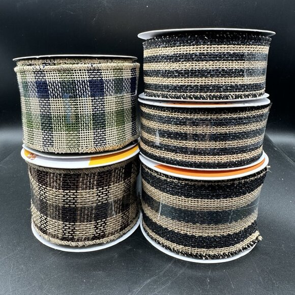 Celebrate It Wired Ribbon 2.5” Black Tan Plaid & Stripe Burlap Rustic Farmhouse - Picture 1 of 8